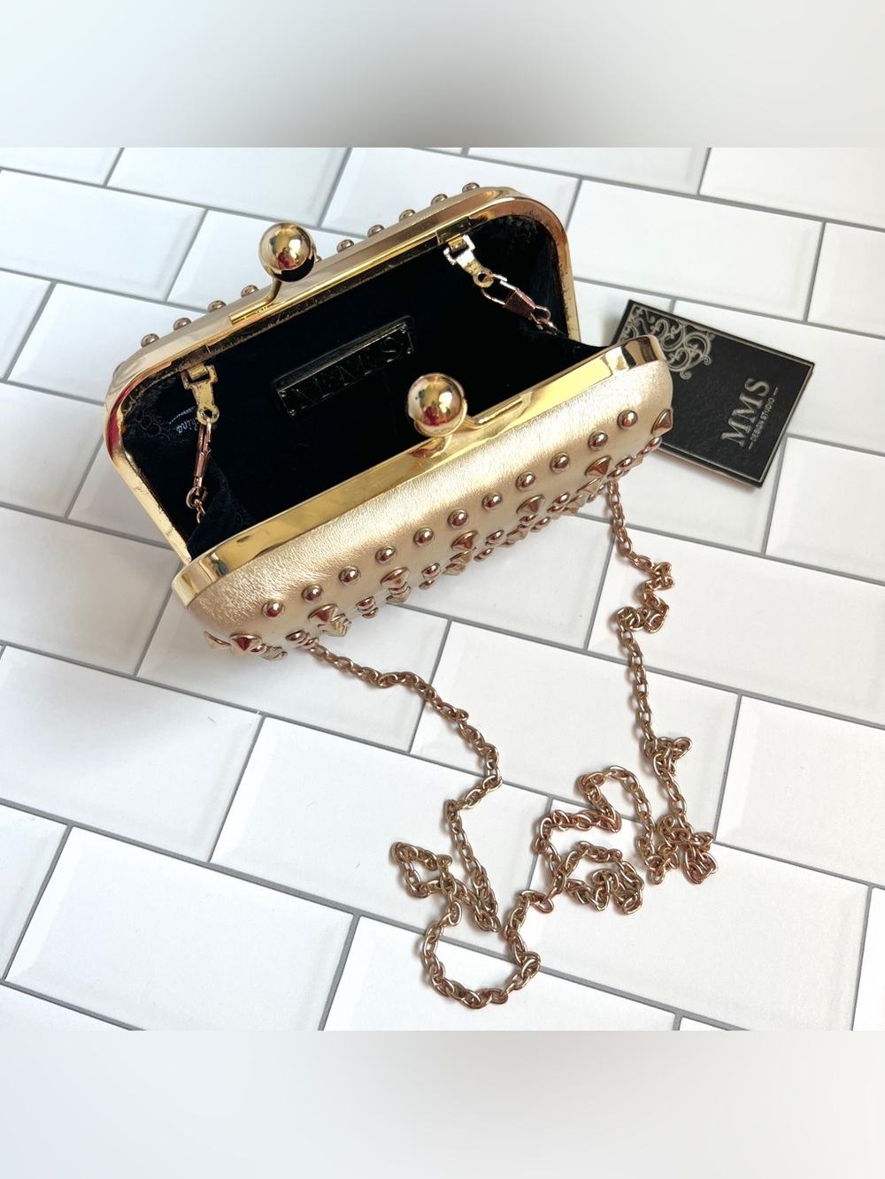 ✨ Gold Studded Clutch by MMS w/ Shoulder Chain Small Purse - Picture 2 of 9